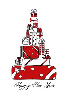 Nowy rok i kartka świąteczna. choinka wykonana z prezentów. doodle elementy. druk na koszulki, pocztówki i strony internetowe