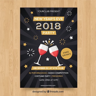 Nowy rok party plakat z kieliszków do wina i fajerwerków