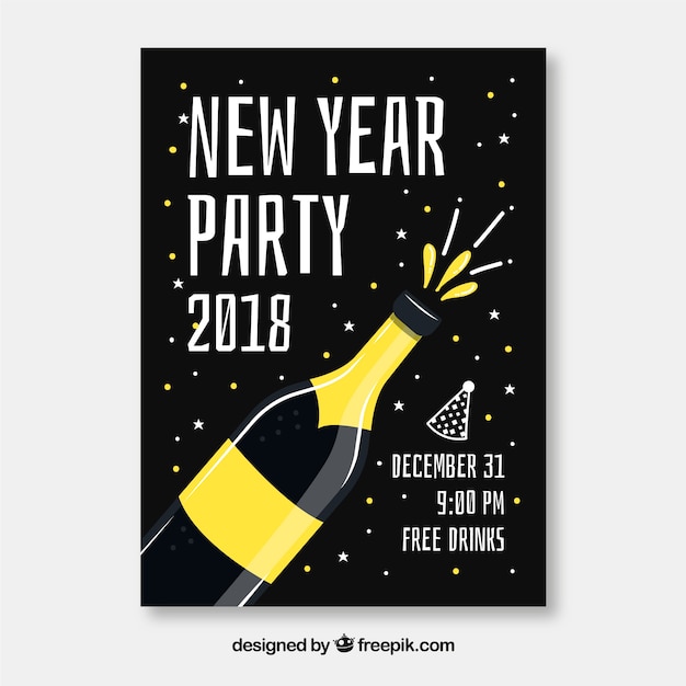 Bezpłatny wektor nowy rok plakat z żółtą butelką szampana