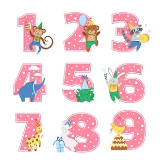 Numery urodzinowe z uroczymi zwierzętami. szablony kart rocznicowych dla dzieci. jasna różowa wakacyjna ilustracja z zabawnymi leśnymi i tropikalnymi postaciami. świąteczna kolekcja projektowa dla dzieci