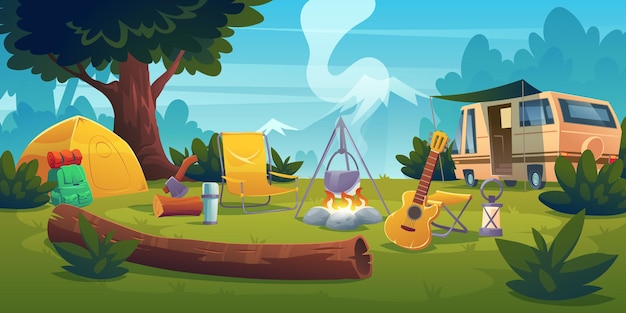 Obóz letni z ogniskiem, namiotem, vanem, plecakiem, krzesłem i gitarą.