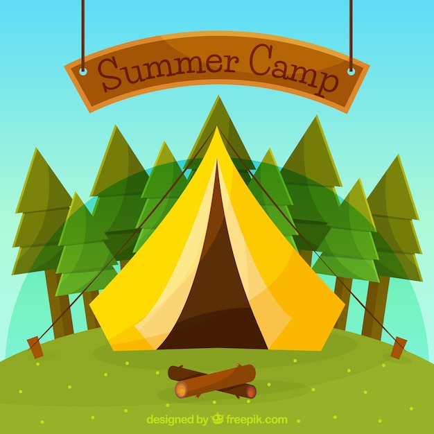 Bezpłatny wektor obozu letniego tło z drzewami i namiotem