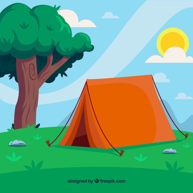 Bezpłatny wektor obozu letniego tło z namiotem i drzewem