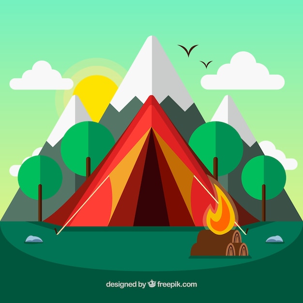 Bezpłatny wektor obozu letniego tło z płaskim namiotem