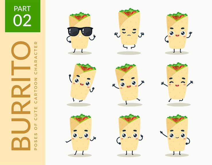 Bezpłatny plik Wektor obrazy maskotki burrito. zestaw.
