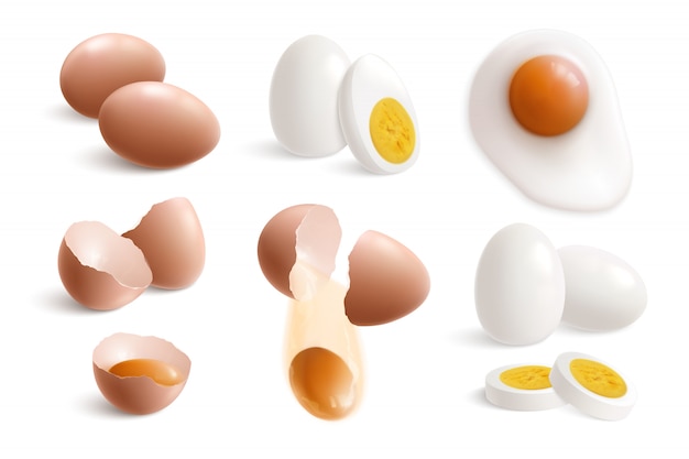 Bezpłatny wektor odosobnionych kurnych jajek realistyczny set z gotowaną smażącą jajka eggshell i żółtka wektoru ilustracją