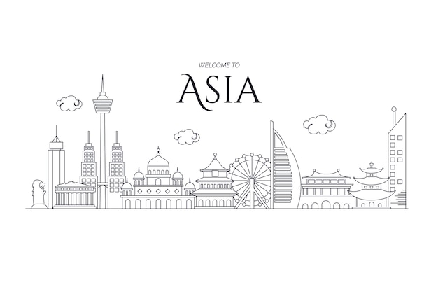Bezpłatny wektor odwiedź panoramę azjatyckich punktów orientacyjnych