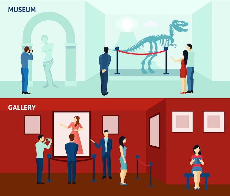 Bezpłatny plik Wektor odwiedzający muzeum 2 plakat płaski