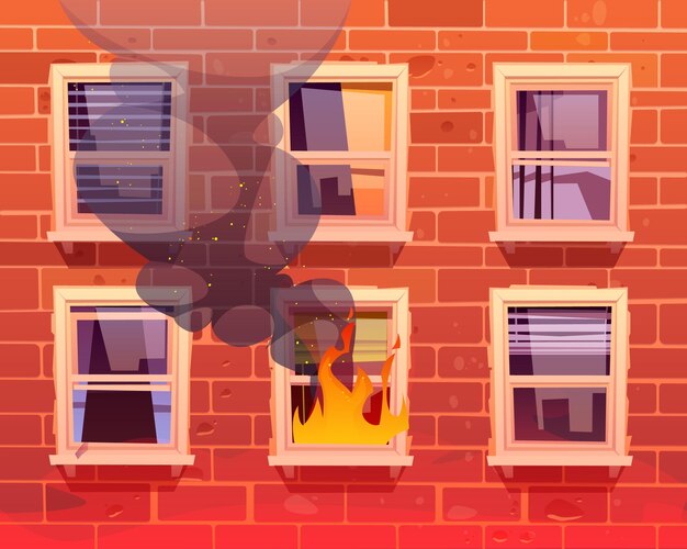 Ogień w oknie domu z długim płonącym płomieniem i czarną parą w budynku