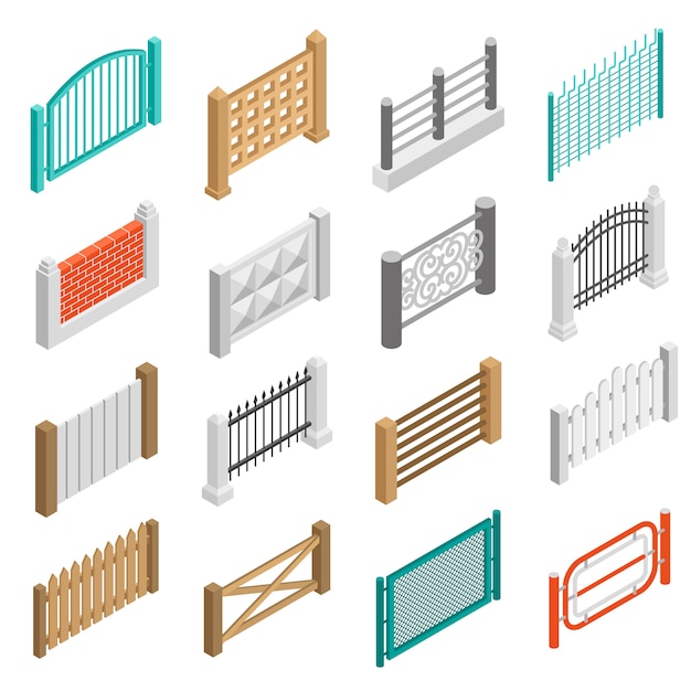 Bezpłatny wektor ogrodzenia typów elementów ikony izometryczne kolekcja