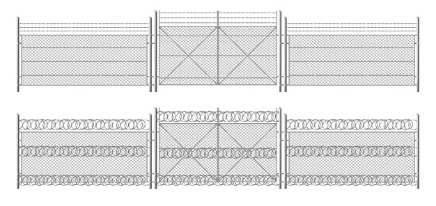 Ogrodzenie z drutu kolczastego, krata z bramą. Ogrodzenie z trzech segmentów w kolorze srebrnym, bariera ochronna na obwodzie oddzielona metalowymi stalowymi słupkami