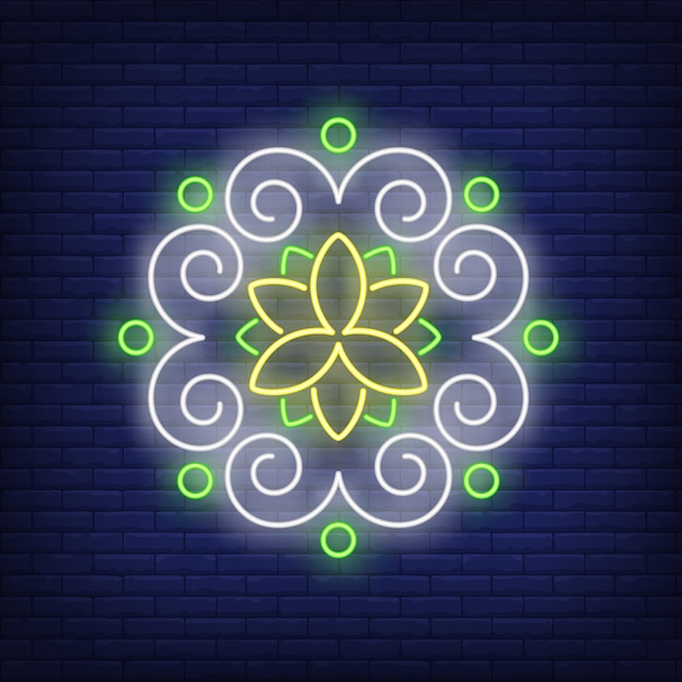 Bezpłatny wektor okrągły wzór kwiatowy mandala neon znak
