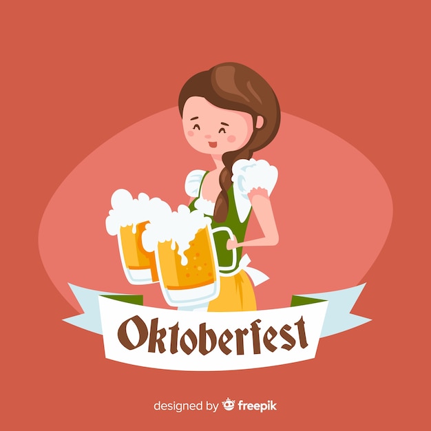 Bezpłatny wektor oktoberfest tło z kobieta niosąca słoiki