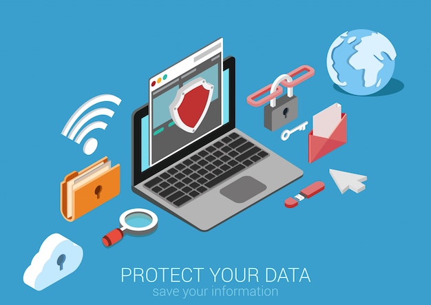 Online bezpieczeństwo danych ochrona bezpiecznego połączenia interneta bezpieczeństwa płaska izometryczna koncepcja