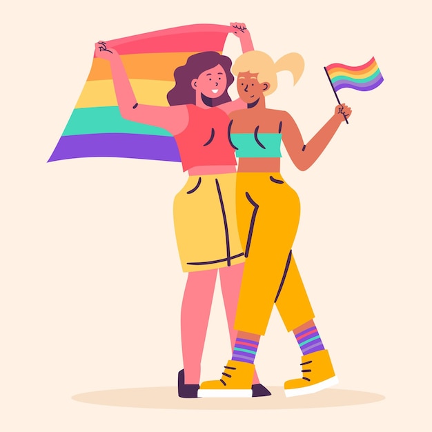 Bezpłatny wektor organiczna płaska para lesbijek ilustracja z flagą lgbt