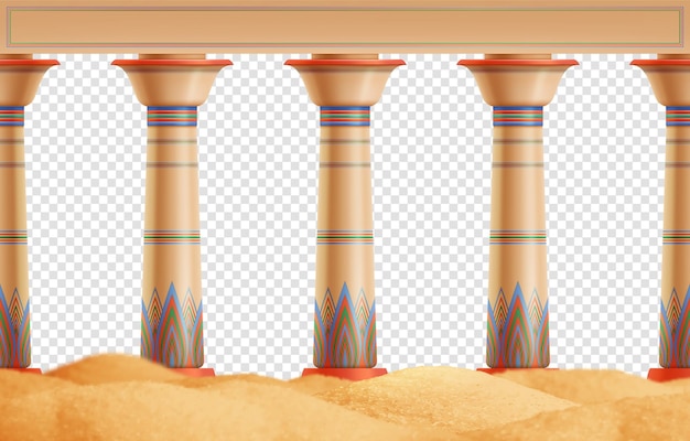 Bezpłatny wektor orientalne kolumny z kolorowym ornamentem na piasku realistyczne przezroczyste tło ilustracji wektorowych