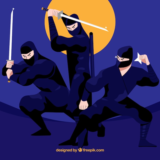 Bezpłatny wektor oryginalna kolekcja postaci ninja o płaskiej konstrukcji
