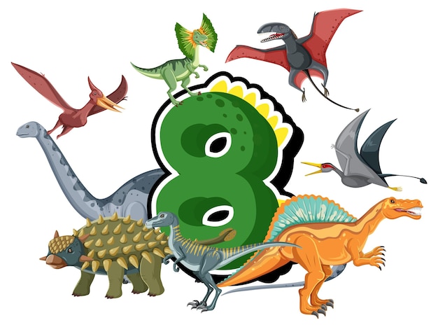 Bezpłatny wektor osiem dinozaurów z kreskówką numer osiem
