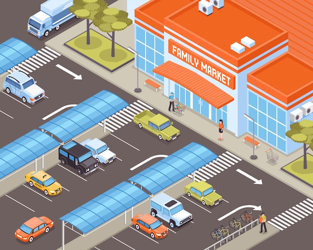 Osobisty Transport Na Parking Strefie Blisko Targowego Budynku Isometric Ilustraci
