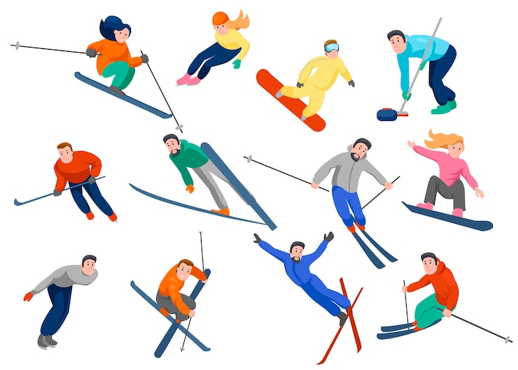 Bezpłatny plik Wektor osoby aktywne uprawiające sporty takie jak skate, narciarstwo, snowboard, curling. męskie i żeńskie postacie w różnych pozach i zimowy sprzęt kreskówka wektor zestaw ilustracji. koncepcja działań zimowych