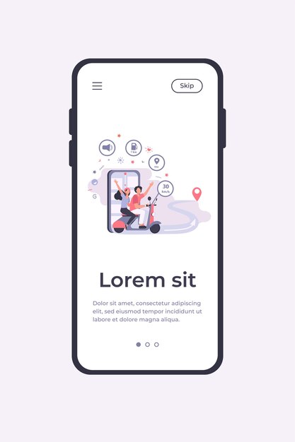 Osoby jeżdżące na skuterze, korzystające z aplikacji nawigacyjnej i mapy miasta na telefonie komórkowym do śledzenia. Szablon aplikacji mobilnej ilustracji wektorowych