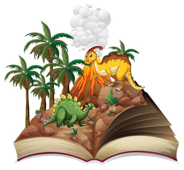 Otwarta książka z różnymi kreskówkami dinozaurów