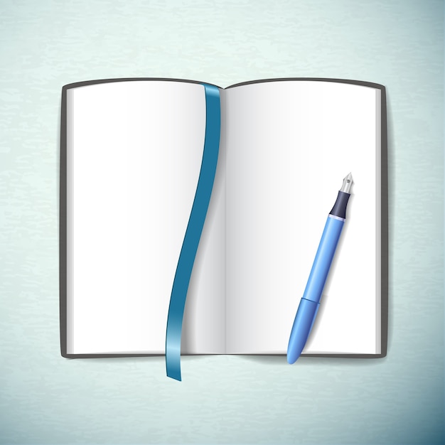 Bezpłatny wektor otwarty pusty szkicownik z długopisem i zakładką w kolorze niebieskim, płaski