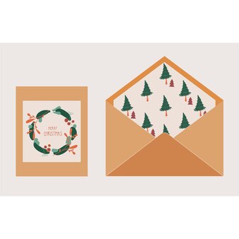 Otwórz kopertę z kartką z życzeniami lub zaproszeniem z sosnowym wieńcem i odręcznym tekstem wesołych świąt