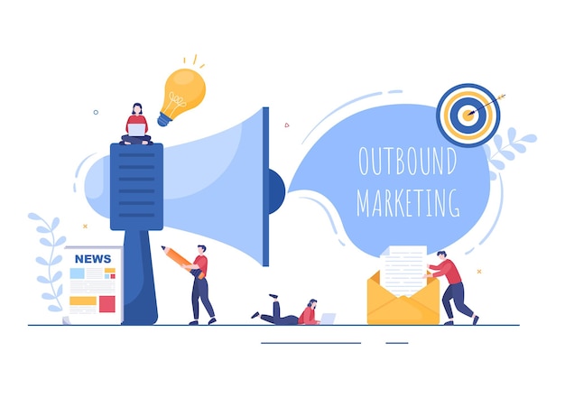 Outbound marketing biznes ilustracja wektorowa z projektem megafonu, aby przyciągnąć klientów w trybie offline lub online w internecie lub na plakat