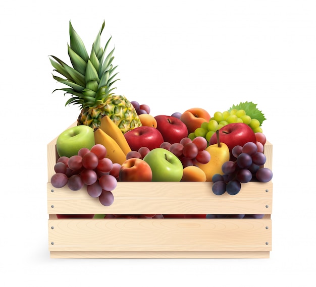Bezpłatny wektor owoce w pudełku realistyczny skład