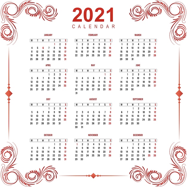Ozdobny kwiatowy projekt kalendarza 2021