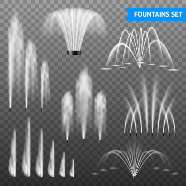 Bezpłatny wektor ozdobny zestaw fontann na zewnątrz o różnych rozmiarach i rozmiarach na przezroczystym tle