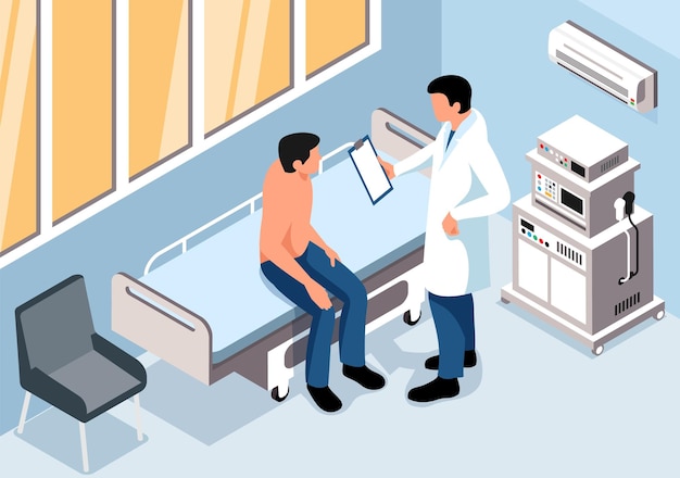 Bezpłatny wektor pacjent płci męskiej rozmawia z lekarzem po badaniu lekarskim podczas izometrycznej ilustracji wektorowych kontroli zdrowia