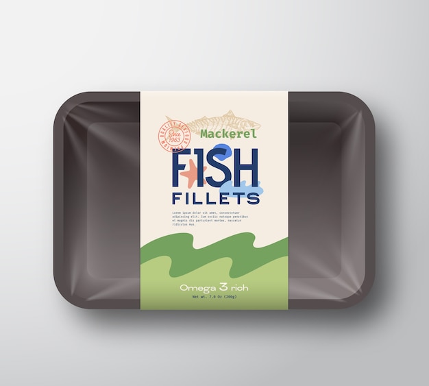 Pakiet filetów rybnych. streszczenie plastikowy pojemnik na ryby z pokrywą celofanową. etykieta opakowania.