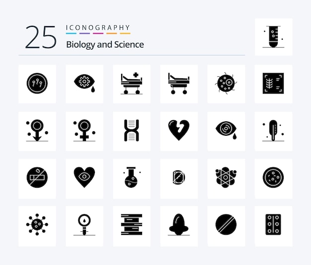 Pakiet Ikon Biology 25 Solid Glyph, W Tym Komórka Piersiowa Szpitala Z żebrami Biologicznymi