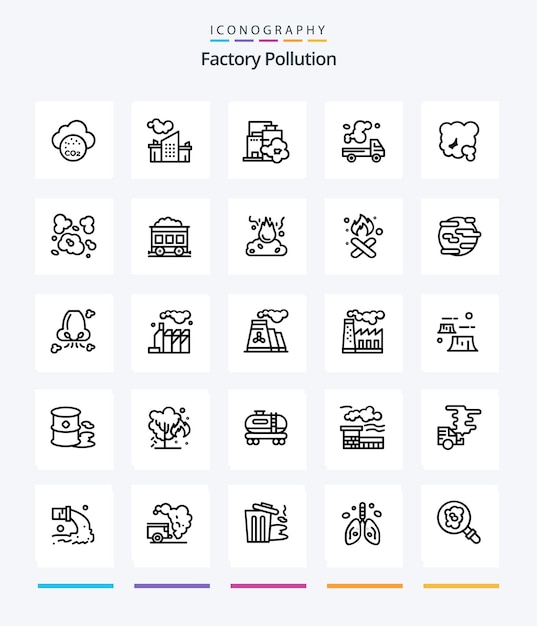 Pakiet ikon Creative Factory Pollution 25 OutLine, takich jak kurz pm zanieczyszczenie powietrza ciężarówki