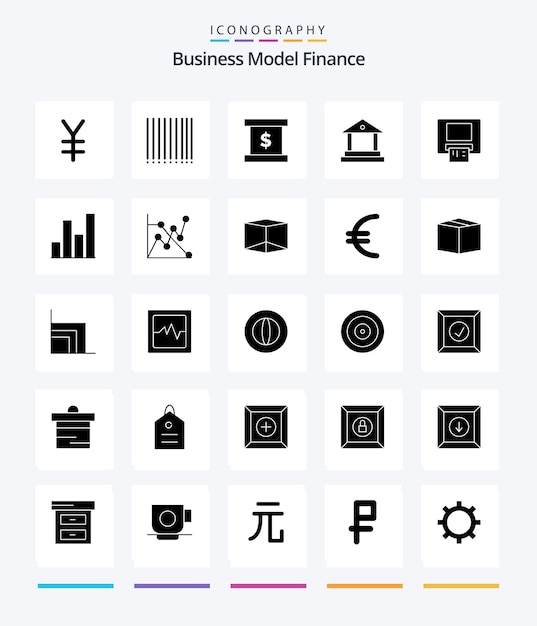 Bezpłatny wektor pakiet ikon creative finance 25 glyph solid black, taki jak karta analityczna banku z wykresem pudełkowym