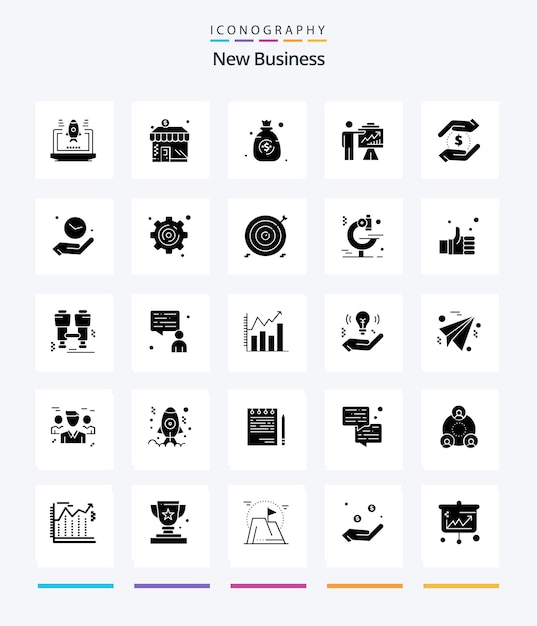 Pakiet ikon Creative New Business 25 Glyph Solid Black, takich jak pieniądze ze strzałek w biznesie
