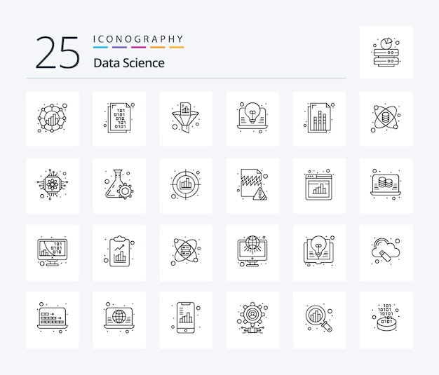 Pakiet ikon Data Science 25 Line, w tym lejek pomysłów analitycznych na laptopa analitycznego