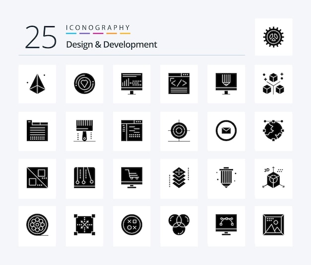 Bezpłatny wektor pakiet ikon design development 25 solid glyph, w tym programowanie przeglądarki naklejek do kodowania projektowania stron internetowych