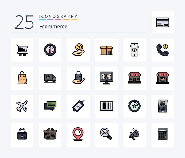 Pakiet ikon e-commerce z 25 liniami wypełnionymi, w tym zakupy e-commerce zakupy na rynku zakupów