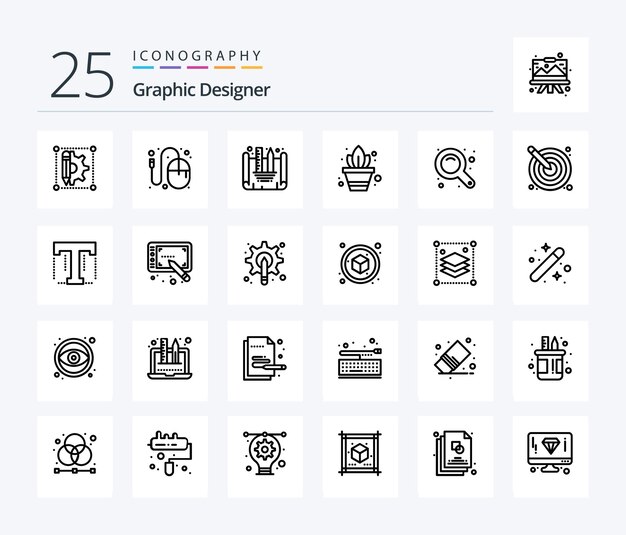 Pakiet ikon Graphic Designer 25 Line, w tym interfejs powiększania, maksymalizuje ogrodnictwo roślin doniczkowych myszy