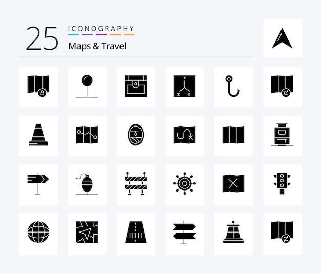 Bezpłatny wektor pakiet ikon maps travel 25 solidnych glifów, w tym ryba-haczyk ze stożkiem mapy skarbów