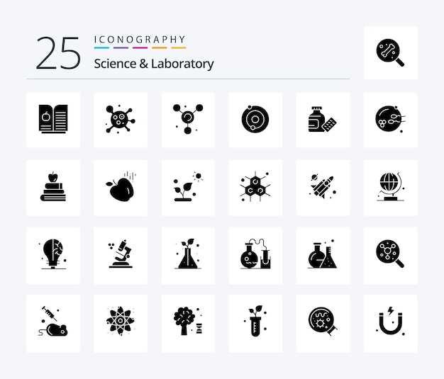 Pakiet ikon Science 25 Solid Glyph, w tym edukacyjna jabłkowa medyczna prokreacja płciowa