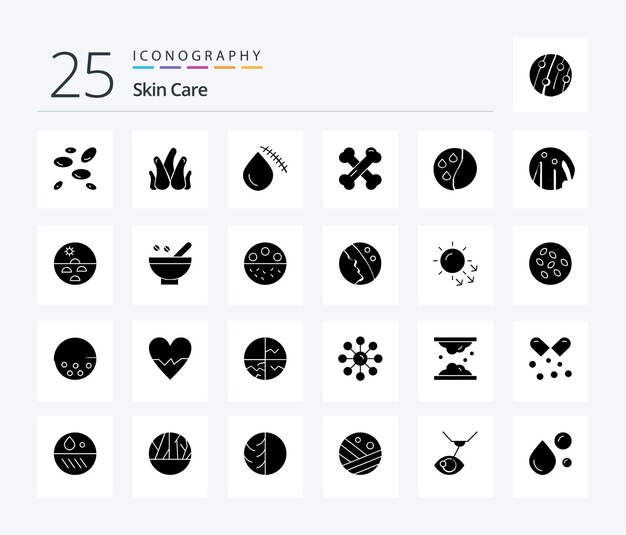 Pakiet ikon Skin 25 Solid Glyph, w tym kondycjonowanie włosów, zdrowe kości, krwawiąca rana wapniowa
