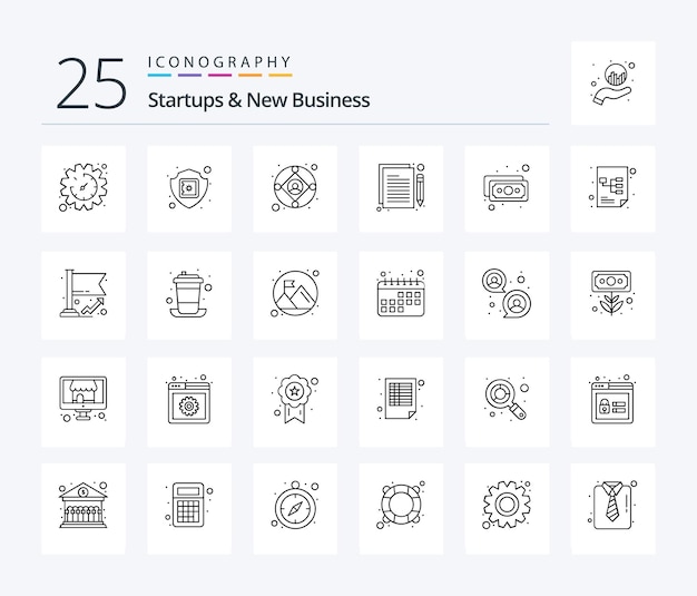 Pakiet ikon Startups And New Business 25 Line, w tym produkcja planowania ubezpieczenia projektu banknotów