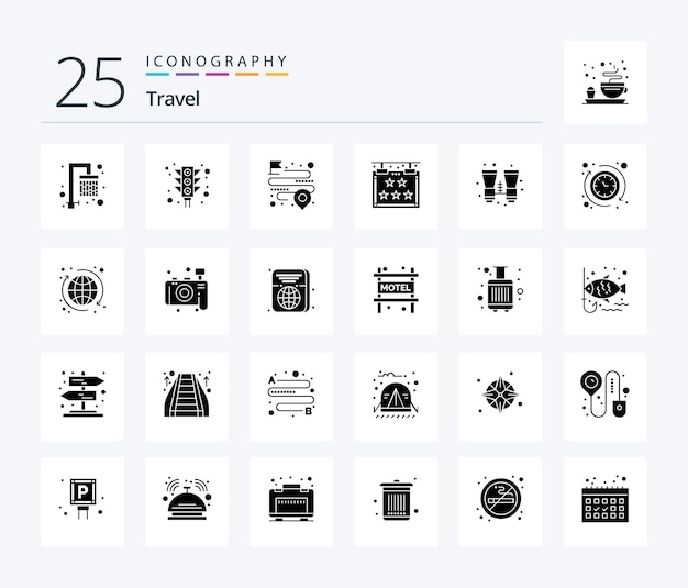 Bezpłatny wektor pakiet ikon travel 25 solid glyph, w tym wyszukiwanie lornetki w hotelu gwiazdkowym