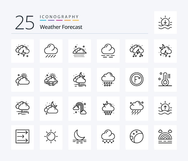 Bezpłatny wektor pakiet ikon weather 25 line, w tym chmura księżyca, ciepły, lekki deszcz