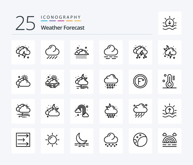 Pakiet ikon Weather 25 Line, w tym chmura księżyca, ciepły, lekki deszcz
