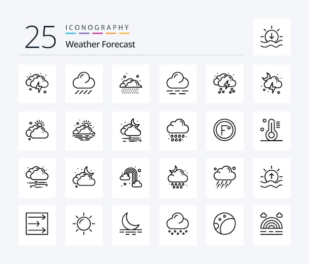 Pakiet ikon Weather 25 Line, w tym chmura księżyca, ciepły, lekki deszcz